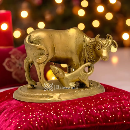 Brassaura™ Brass Kamdhenu Cow & Calf Idol – Height 2.4 Inches & Weight 0.35 Kgs | Home Temple & Spiritual Décor