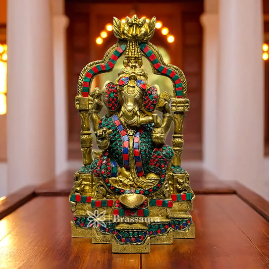 Brassaura™ Brass Multi Gem Stone Work Ganesha Ring Idol – Height 14.2 inches & Weight 7.5 kgs | Ganpati Diya Murti for Pooja & Home Décor