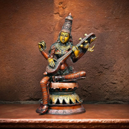 Brassaura™ Brass Saraswati Idol – Height 12 Inches & Weight 4.4 Kgs | Elegant Home & Temple Décor