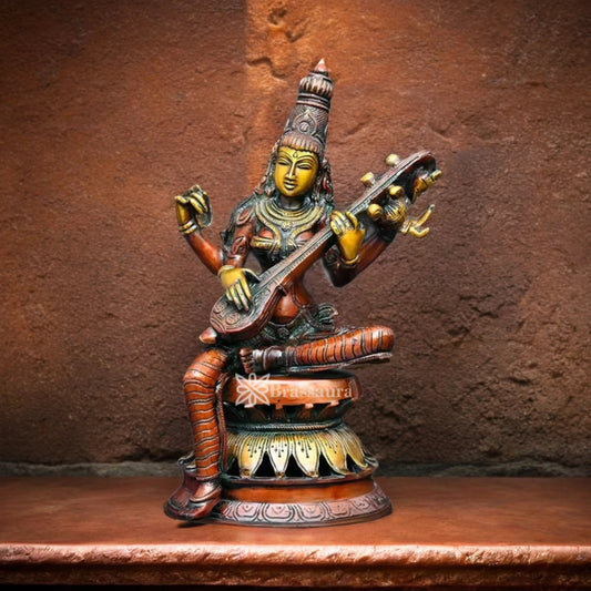 Brassaura™ Brass Saraswati Idol – Height 12 Inches & Weight 4.4 Kgs | Elegant Home & Temple Décor