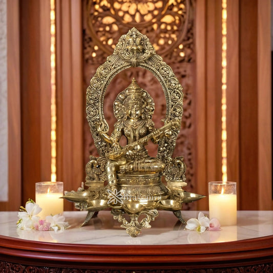 Brassaura™ Brass Saraswati Mata Murti – Height 10 Inches & Weight 18 Kgs | Puja & Worship Idol