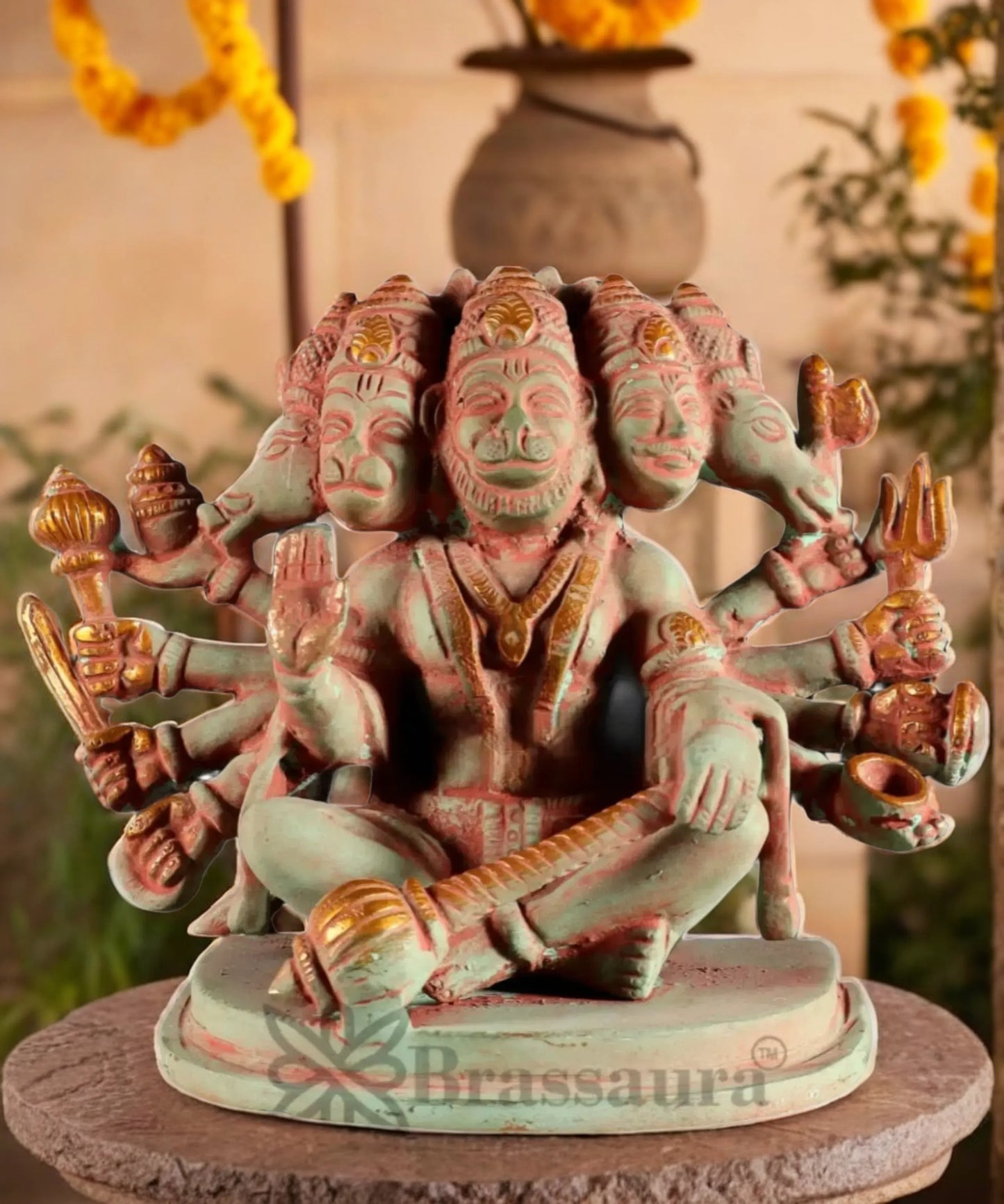 Brassaura™ Handcrafted Pure Brass Panchmukhi Hanuman Idol – Height 6 Inches & Weight 2.5 Kgs | Antique Green Sand Finish
