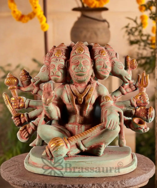 Brassaura™ Handcrafted Pure Brass Panchmukhi Hanuman Idol – Height 6 Inches & Weight 2.5 Kgs | Antique Green Sand Finish