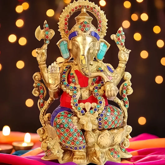 Brassaura™ Brass Gem Stone Inlay Work Ganesha Murti – Height 13 inches & Weight 7 kgs | Lord Ganpati Sitting on Lotus with Mooshak