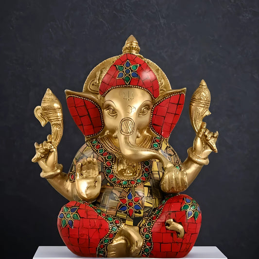 Brassaura™ Brass Taj Ganesha Idol | Handcrafted with Stonework | Height 8 Inches & Weight 3 Kgs