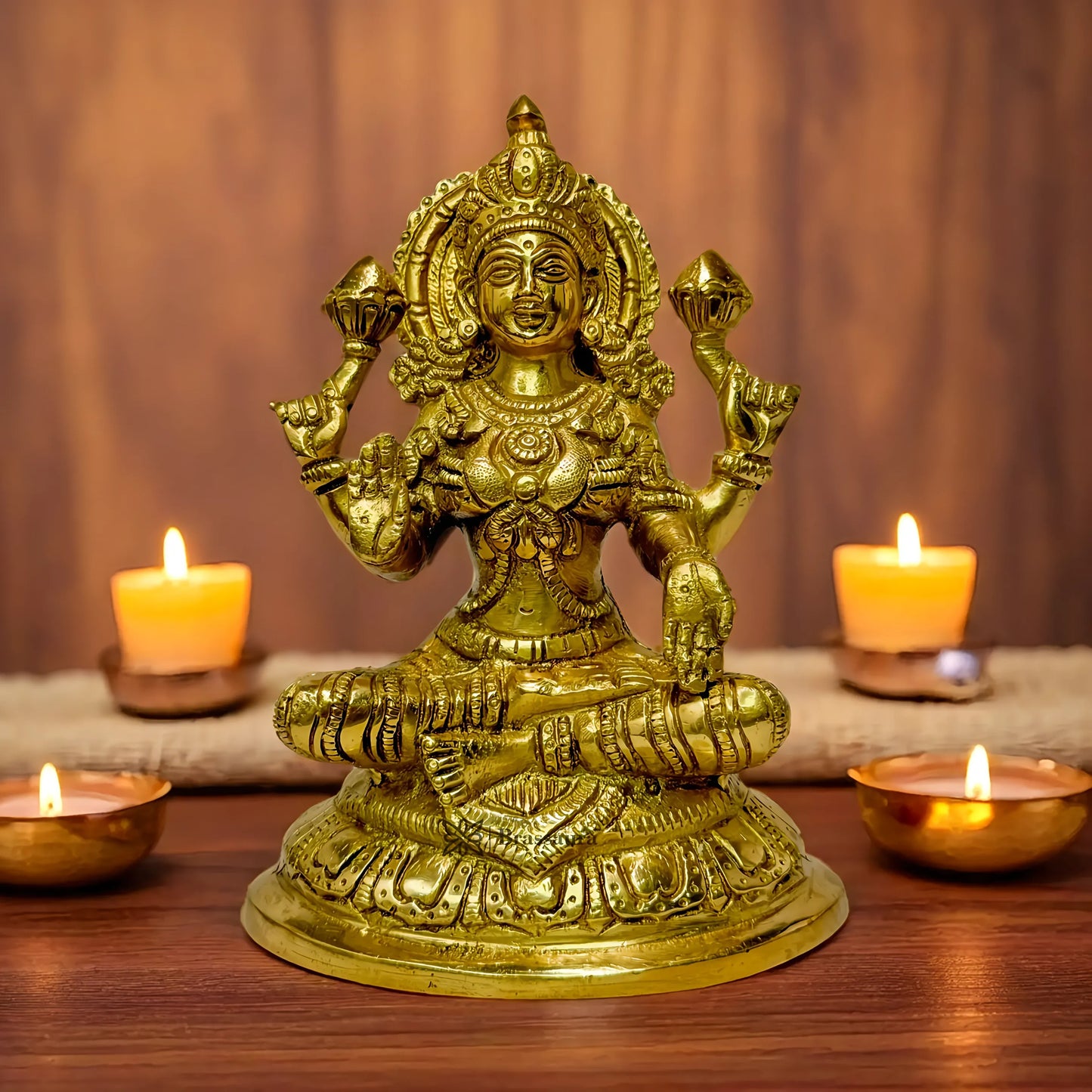Brassaura™ Classic Brass Laxmi Statue – Height 9.6 Inches & Weight 3.44 Kgs | Puja Room Idol