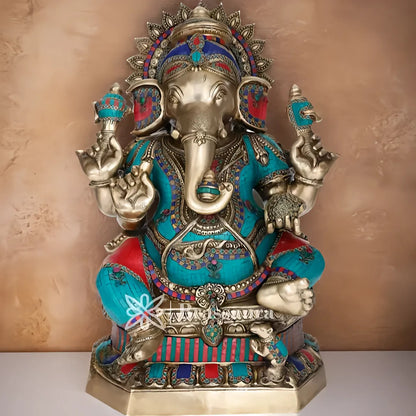 Brassaura™ Brass Gem Stone Work Ganesha Statue for Home Décor & Gift | Weight 45 Kgs | Height 35 Inches