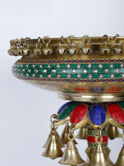 Brassaura® Royal Camel Brass Urli with Multicolor Inlay Work & Hanging Bells | Pure Brass | Height 16 Inches & Weight 15.75 kgs