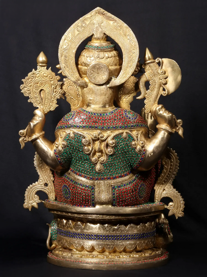 Brassaura™ Seated Lord Ganesha on Ornate Throne | Pure Brass with Meenakari Stonework | Height 24 Inches & Weight 33.38 Kgs