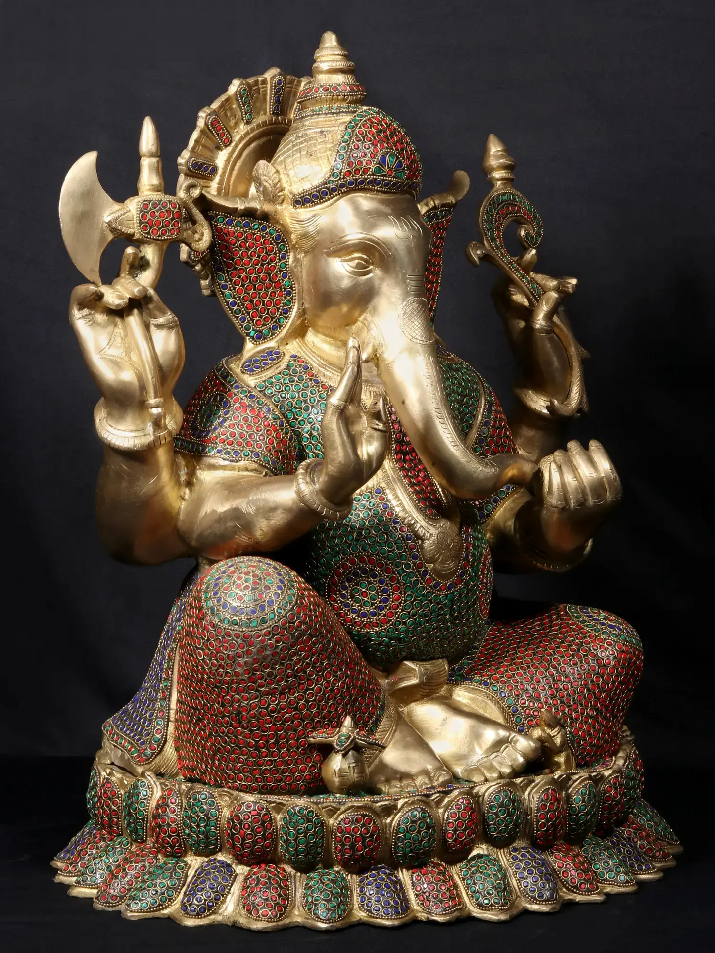 Brassaura™ Seated Lord Ganesha on Ornate Throne | Pure Brass with Meenakari Stonework | Height 23 Inches & Weight 31.86 Kgs