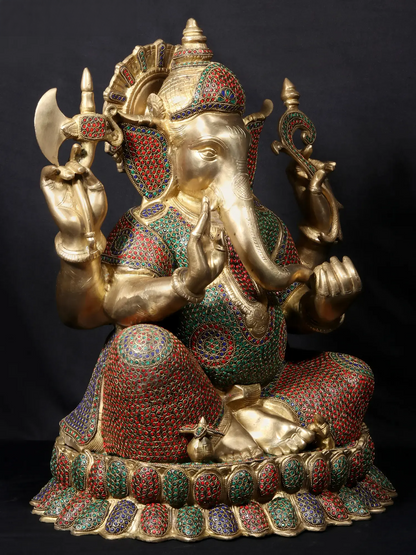 Brassaura™ Seated Lord Ganesha on Ornate Throne | Pure Brass with Meenakari Stonework | Height 23 Inches & Weight 31.86 Kgs