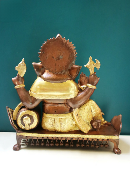 Brassaura™ Reclining Lord Ganesha on Chowki | Pure Brass Seated Idol | Height 16 Inches
