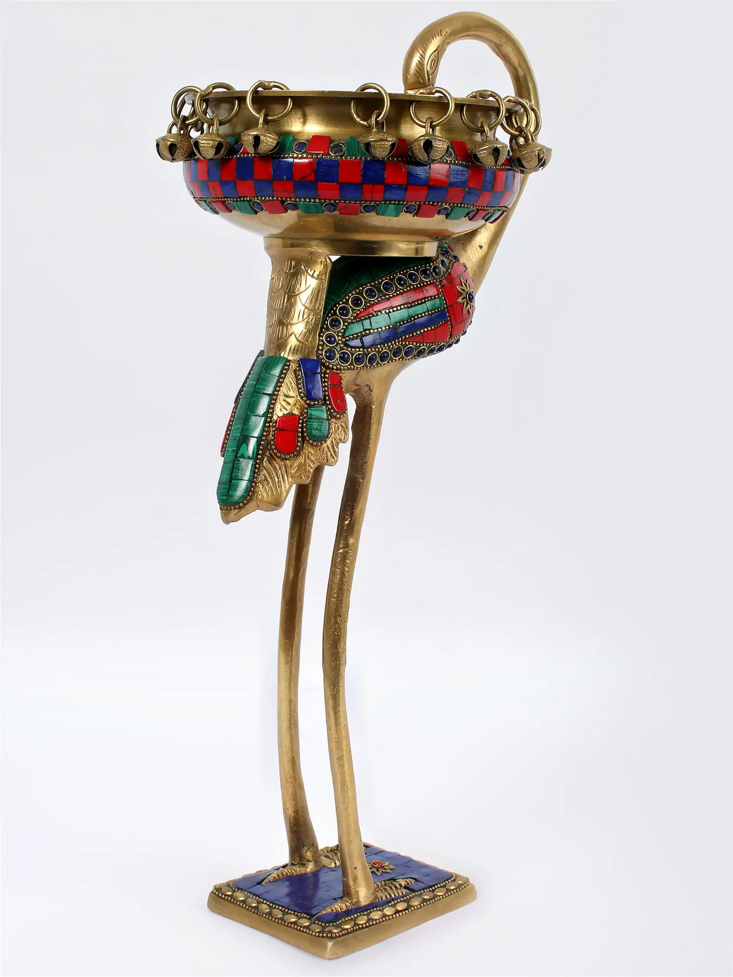 ब्रासौर® फ्लेमिंगो ब्रास उर्ली, मल्टीकलर इनले वर्क और हैंगिंग बेल्स के साथ | शुद्ध पीतल | ऊंचाई 17 इंच और वज़न 2.91 किलोग्राम