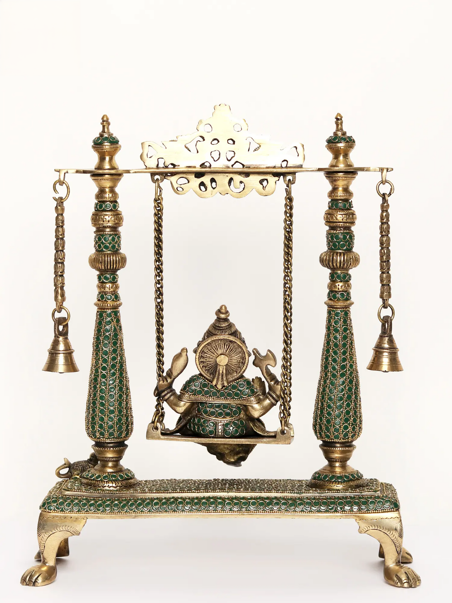 Brassaura® Jhula Ganesha with Ornate Pillars | Pure Brass with Meenakari Inlay Work | Height 16 Inches & Weight 6.94 kgs