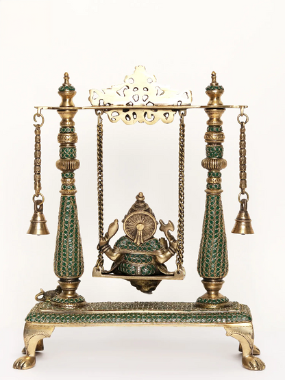 Brassaura® Jhula Ganesha with Ornate Pillars | Pure Brass with Meenakari Inlay Work | Height 16 Inches & Weight 6.94 kgs