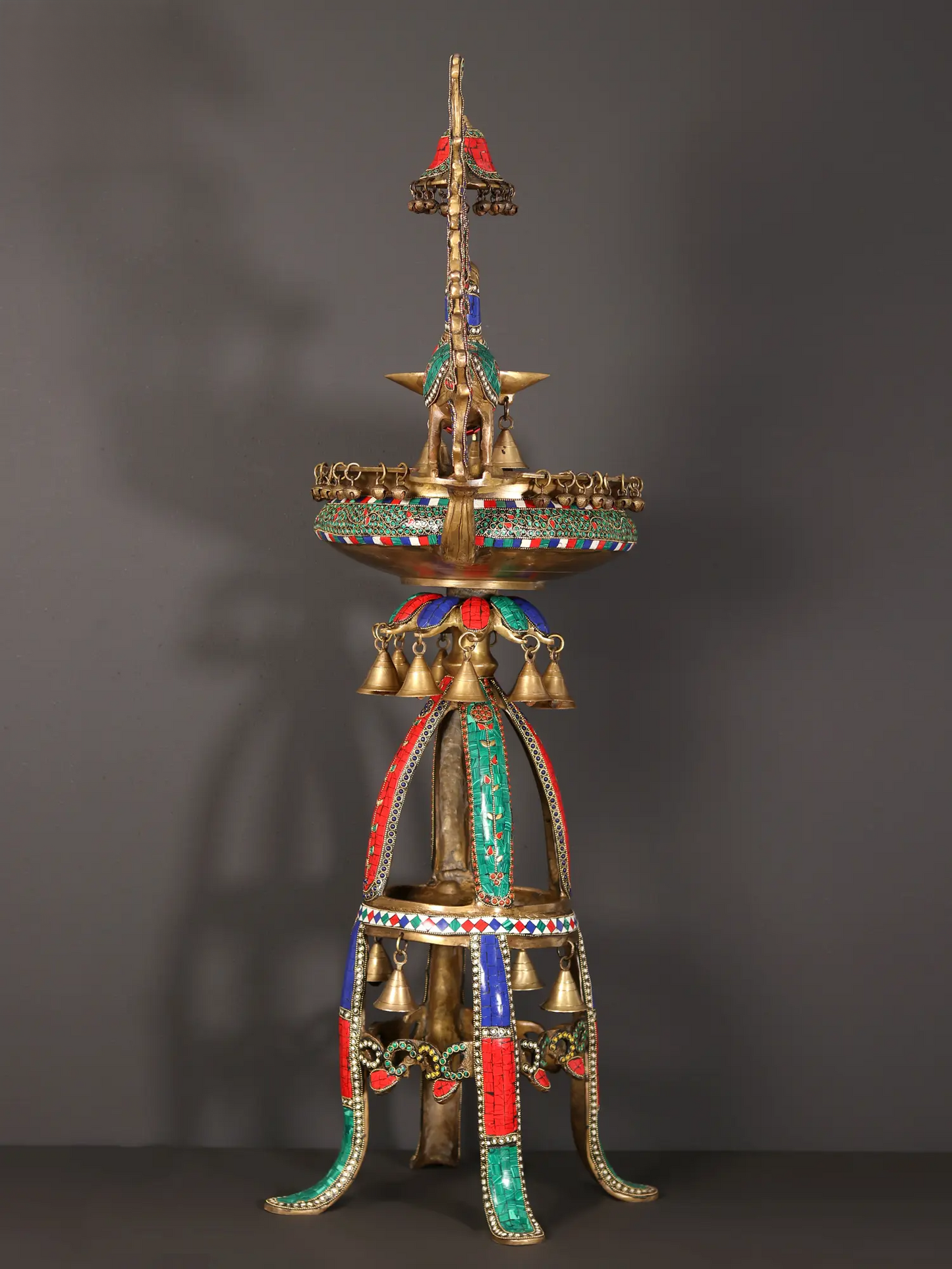 Brassaura® Peacock Brass Urli Stand with Inlay Work & Hanging Bells | Pure Brass | Height 41.5 Inches & Weight 21.70 kgs