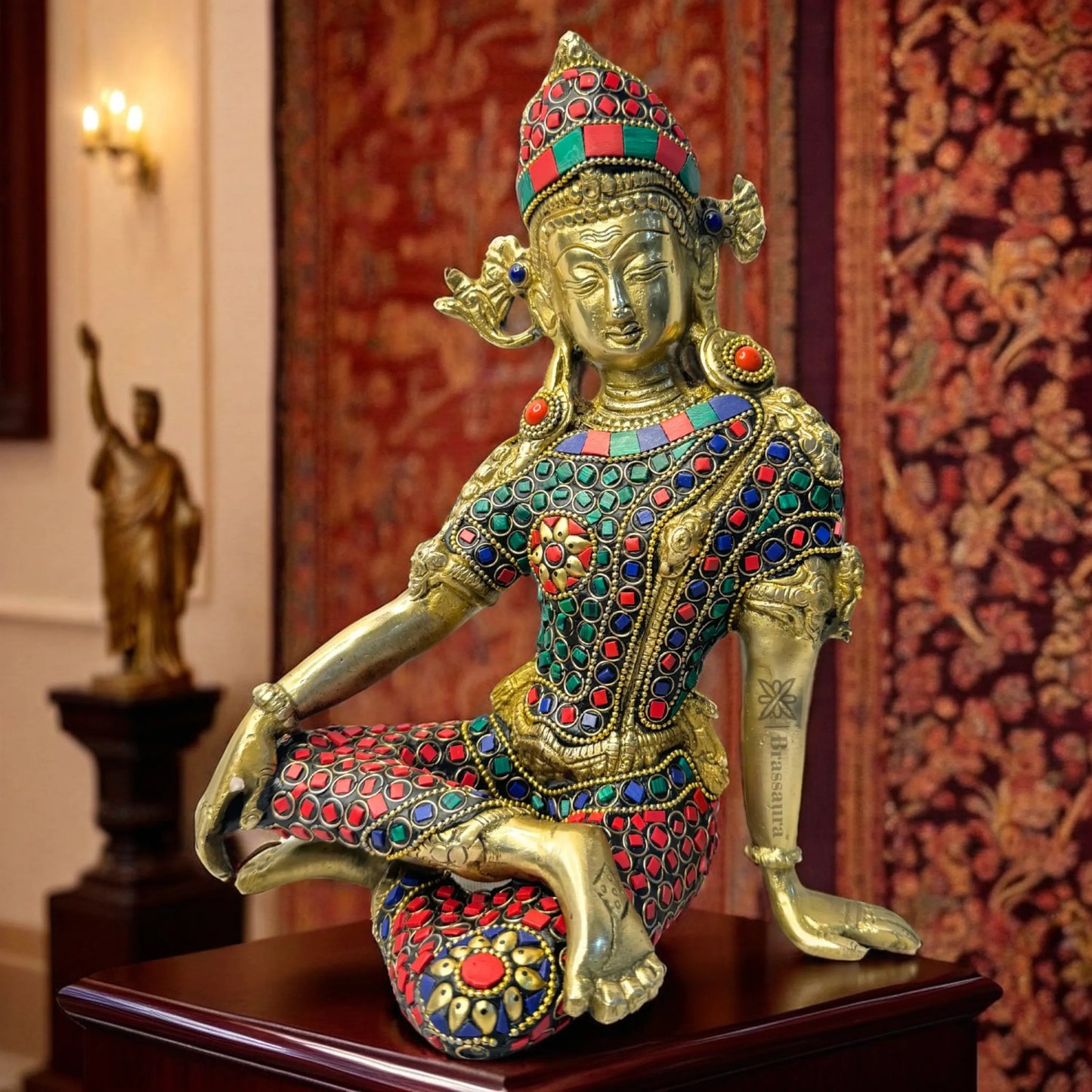 Brassaura™ Brass Gem Stone Work Indra Dev Idol – Height 11.2 Inches & Weight 3.20 Kgs | Temple & Pooja Décor