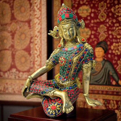 Brassaura™ Brass Gem Stone Work Indra Dev Idol – Height 11.2 Inches & Weight 3.20 Kgs | Temple & Pooja Décor