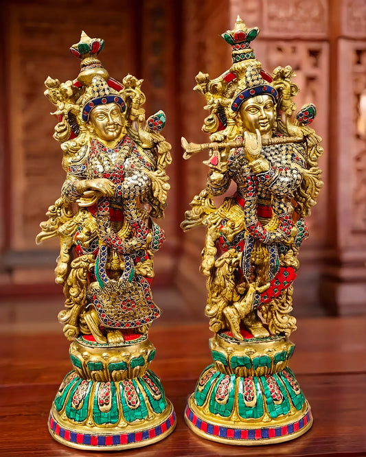 Brassaura™ Handcrafted Radha Krishna Statues – 21 Inch Height, 19 Kg Pair | Brass & Natural Stone Embellished