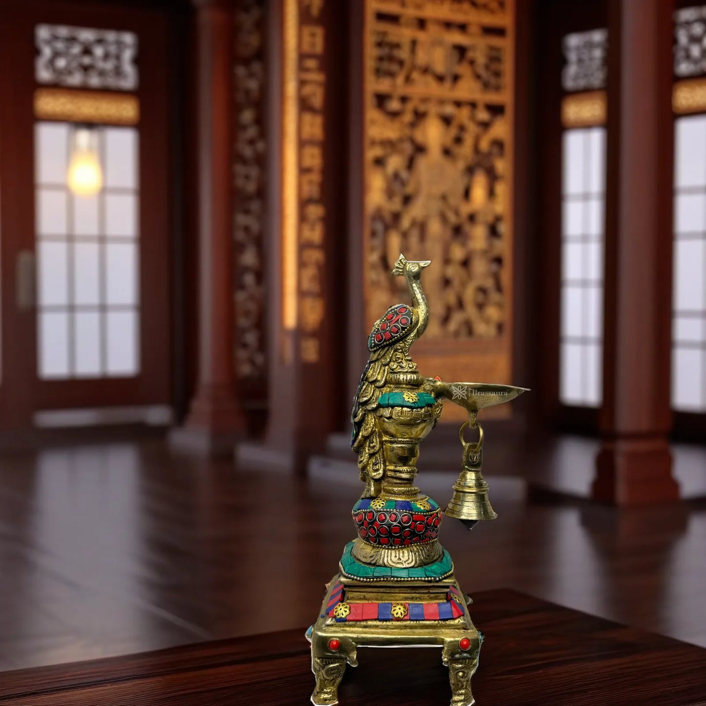 Brass Gem Stone Work Peacock Diya for Home Decor Weight 2 Kg Height 7.9 Inch