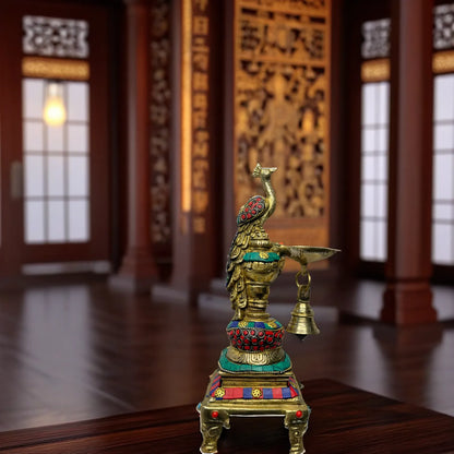 Brass Gem Stone Work Peacock Diya for Home Decor Weight 2 Kg Height 7.9 Inch