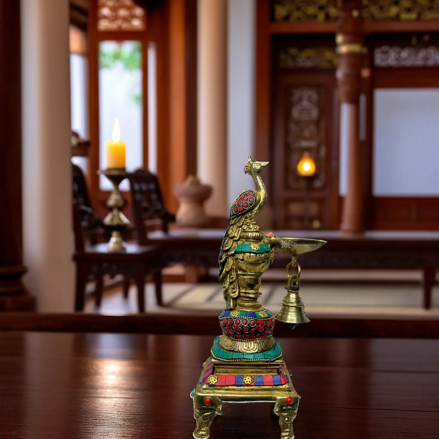 Brass Gem Stone Work Peacock Diya for Home Decor Weight 2 Kg Height 7.9 Inch