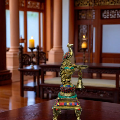 Brass Gem Stone Work Peacock Diya for Home Decor Weight 2 Kg Height 7.9 Inch