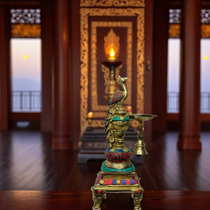 Brass Gem Stone Work Peacock Diya for Home Decor Weight 2 Kg Height 7.9 Inch