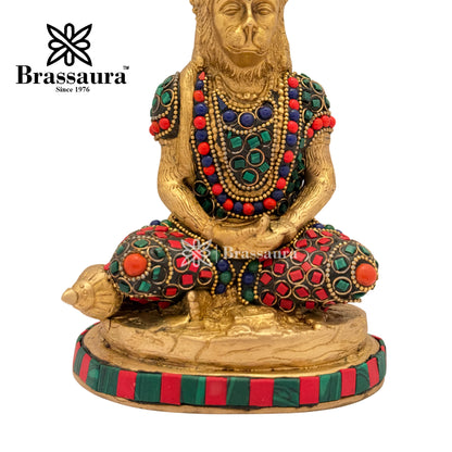 Brass Gem Stone Work Meditation Hanuman Idol for Home and Decor Weight 1.8 Kg Height 18 cm