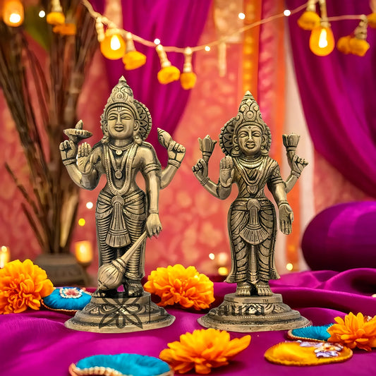 Brassaura™ Brass Vishnu Laxmi – Height 9 Inches & Weight 2.9 Kgs | Regal Temple Sculpture for Devotional Spaces