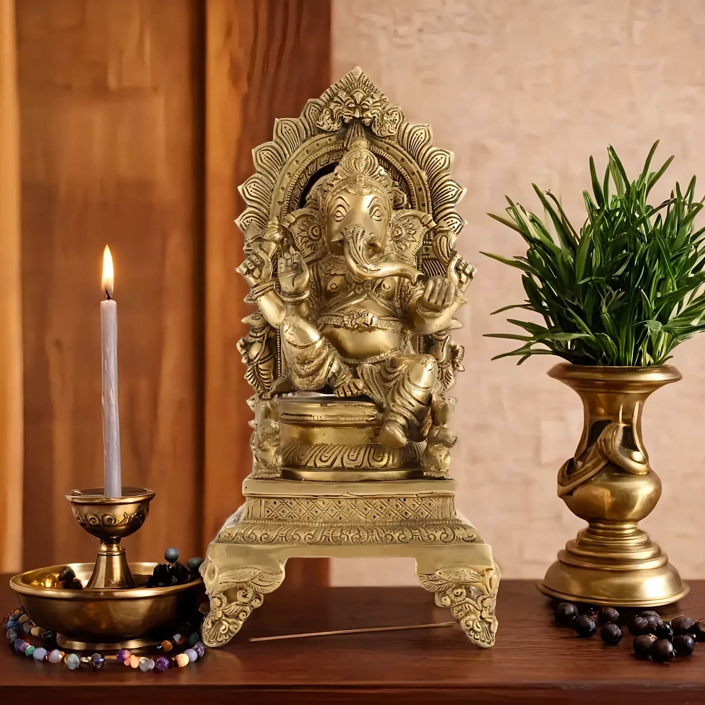 Brassaura™ Brass Lord Ganapati on Throne Statue with Gold Finish | Height 17 Inches & Weight 10.5 Kgs