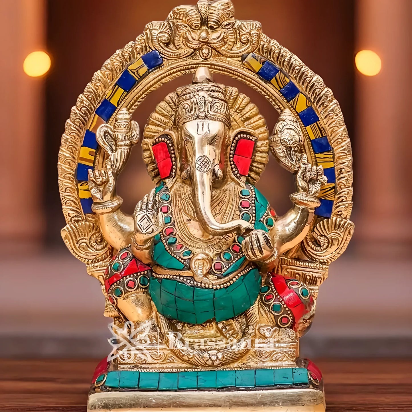 Brassaura™ Brass Gem Stone Work Ganesha Idol for Home and Decor | Weight 2.3 Kgs | Height 8.5 Inches