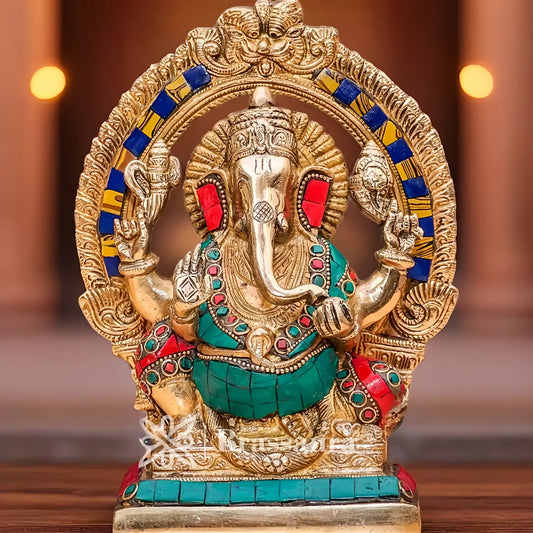 Brassaura™ Brass Gem Stone Work Ganesha Idol for Home and Decor | Weight 2.3 Kgs | Height 8.5 Inches