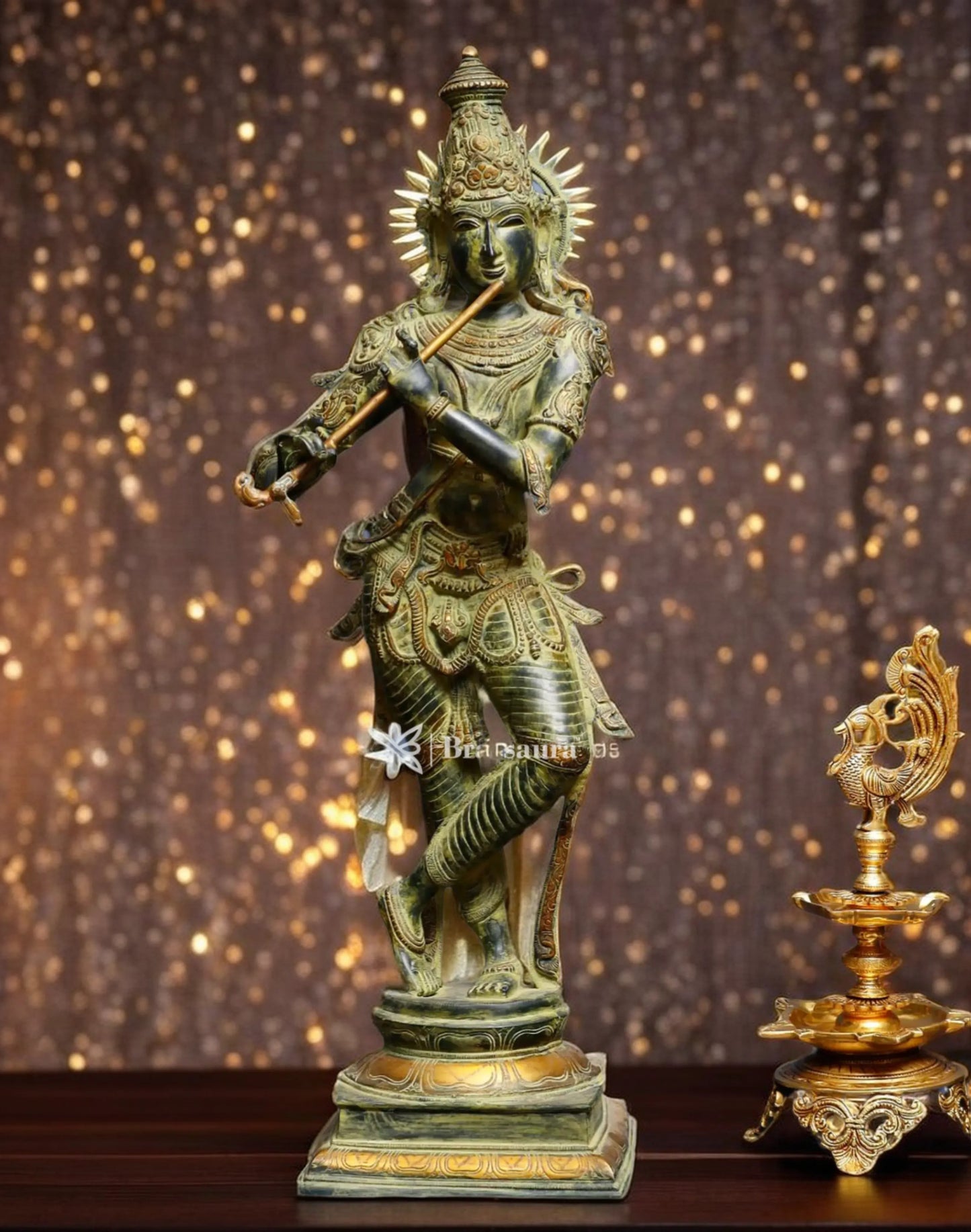 BrassAura™ Brass Krishna Statue – Green Algae Finish | Height 35 Inch | Weight 19 Kg