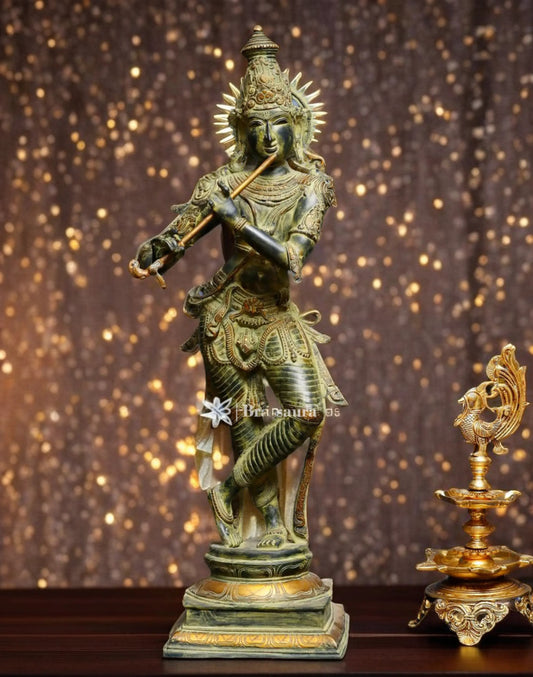 BrassAura™ Brass Krishna Statue – Green Algae Finish | Height 35 Inch | Weight 19 Kg