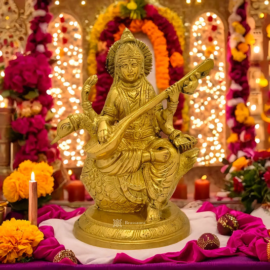 Brassaura™ Brass Saraswati Mata Murti – Height 9.2 Inches & Weight 2.15 Kgs | Puja & Worship Idol