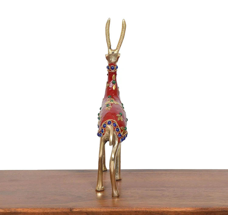 Brassaura® Multicolor Brass Deer Statue | Handcrafted Decorative Deer Showpiece | Height 9 Inches & Weight 800 gms