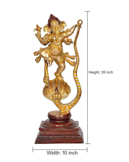 Brassaura® Brass Ganesha Dancing on Sheshnag Statue | Height 26 Inches | Multicolor Ganpati Idol for Home & Mandir
