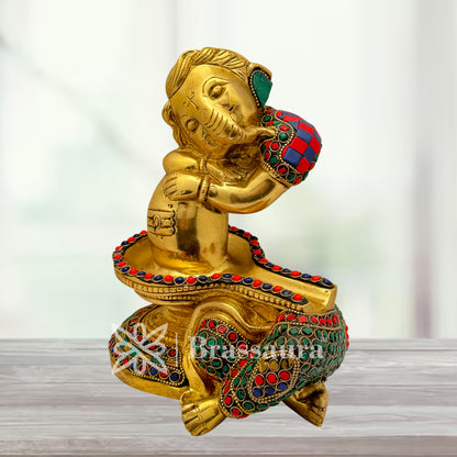 Brass Gem Stone Work Ganesha and Shivling Idol for Home and Decor Weight 4.7 Kg Height 20 cm