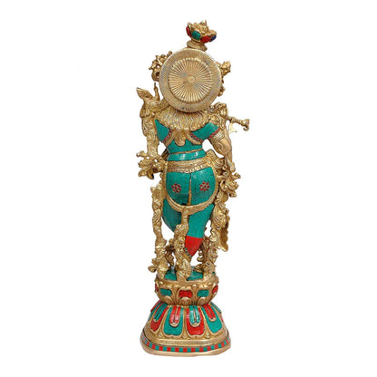 Brassaura® Brass Flute Krishna Statue with Turquoise Handwork | Height 29 Inches