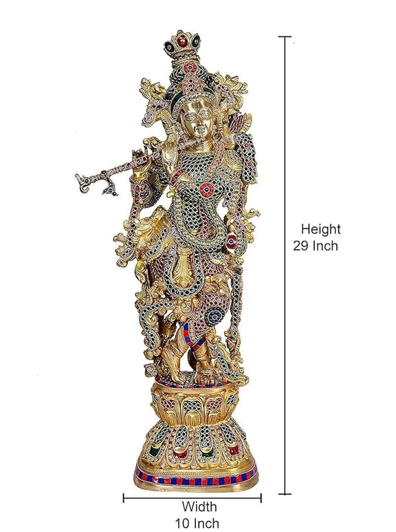 Brassaura® Brass Radha Krishna Statue Pair | 30 Inch Multicolor Standing Idols