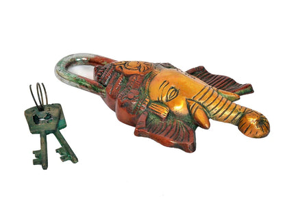 Brassaura® Lord Ganesha Face Brass Door Lock | Multicolor Handcrafted Finish | Height 8 Inches