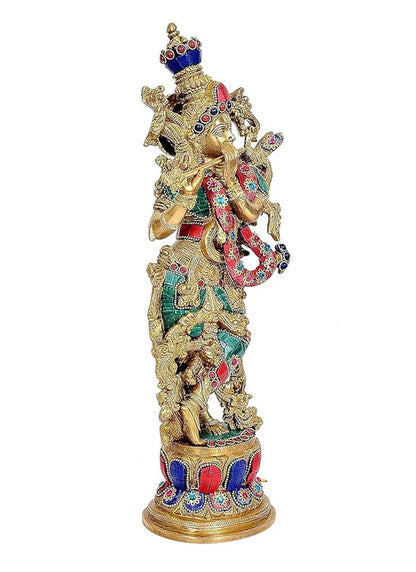 ब्रासोरा® वृंदावन वेणुगोपाल कृष्ण पीतल की प्रतिमा मोर के साथ | एंटीक नीला और सुनहरा रंग | ऊँचाई 20 इंच