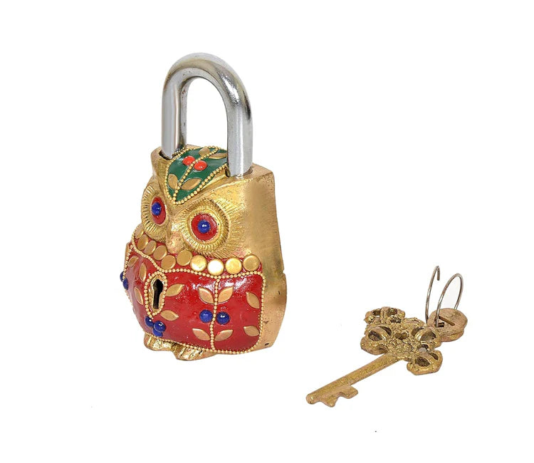 Brassaura® Owl Shape Brass Door Lock with Meenakari Work | Height 4.5 Inches