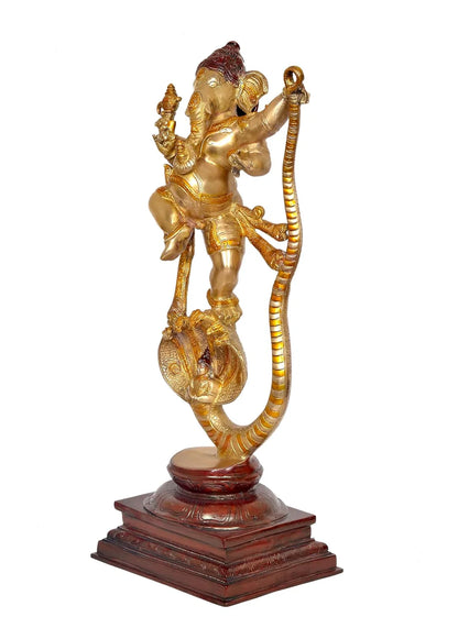 Brassaura® Brass Ganesha Dancing on Sheshnag Statue | Height 26 Inches | Multicolor Ganpati Idol for Home & Mandir