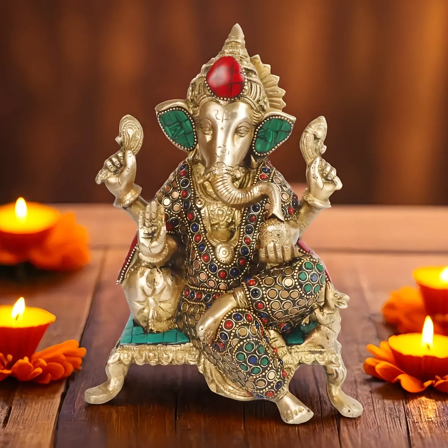 Brassaura™ Brass Gem Stone Work Ganesha Murti | Height 11.8 Inches & Weight 3 Kgs