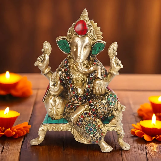 Brassaura™ Brass Gem Stone Work Ganesha Murti | Height 11.8 Inches & Weight 3 Kgs