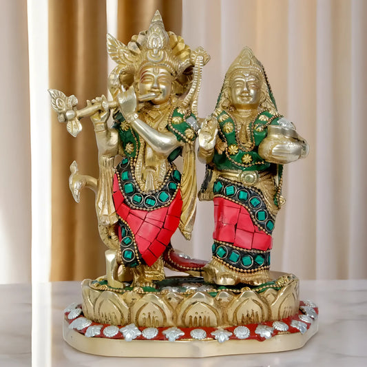 Brassaura™ Radha Krishna Murti with Gemstone Work | Pure Brass Handcrafted Idol | Height 22 cm (8.66 Inches) & Weight 1.85 Kgs