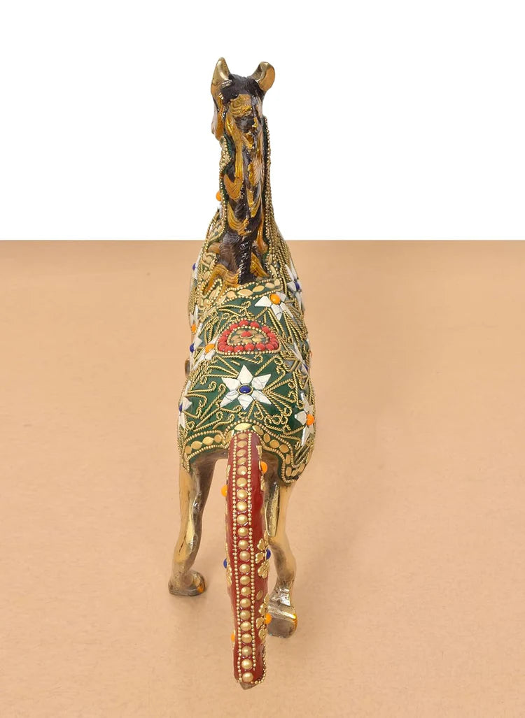 Brassaura® Multicolor Brass Horse Statue | Decorative Running Horse Showpiece with Stone Work | Height 10.5 Inches