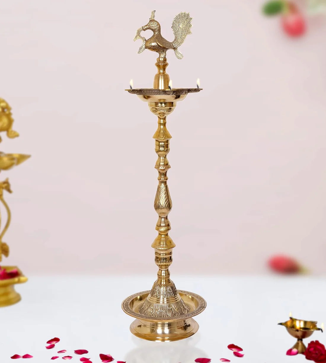 Brassaura® Brass Oil Lamp Diya Stand with Peacock Design | Traditional Brass Finish | Height 42 Inches